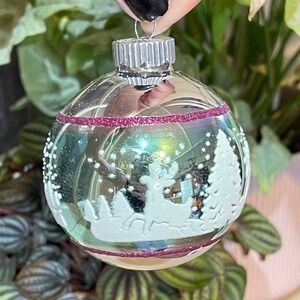 3" Radko Shiny Brite Stenciled Flocked Ornament Reindeer Winter Trees Green Pink
